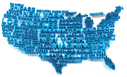 blue map of U.S. with the shape made up by text - major cities across the U.S.