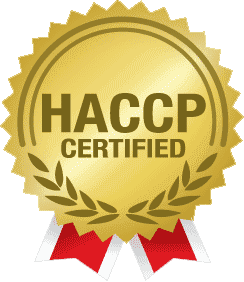 Cold Storage Miami: HACCP-Certified-Logo: a gold zigzag circle with HACCP CERTIFIED inside, wo red ribbons showing slightly out of the bottom