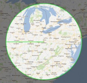 Photo of map showing the radius served by Palisades Logistics' Columbus 3PL operations