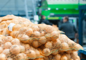 Food warehouse: color photo of bags of onions in a warehouse facility