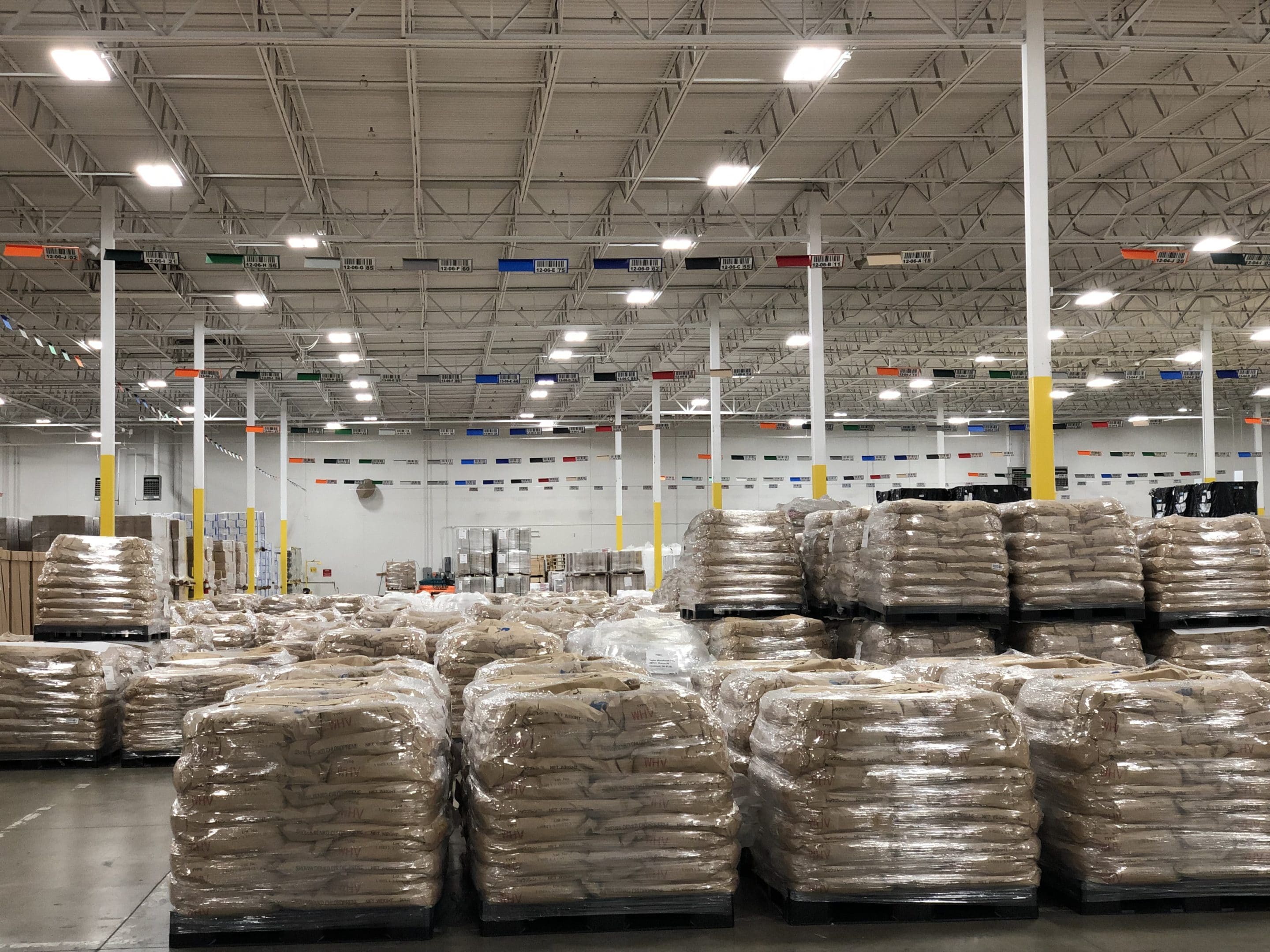 Cincinnati public warehousing; photo of wrapped palettes on floor of public warehouse space