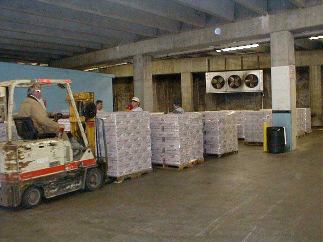 Workers loading pallets at St. Louis frozen storage facility